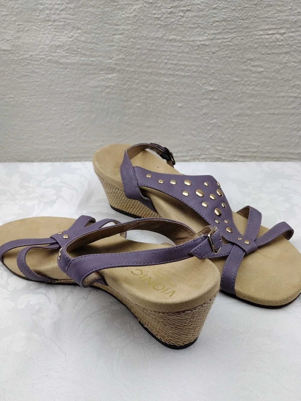 Vionic Orthaheel Catarina Leather Purple Studded Open Toe Slingback Wedge Sandal